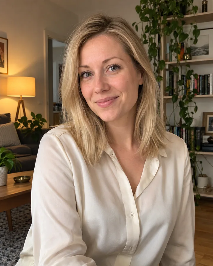 Vorher: Handyfoto, Frau mit blonden Haaren in heller Bluse