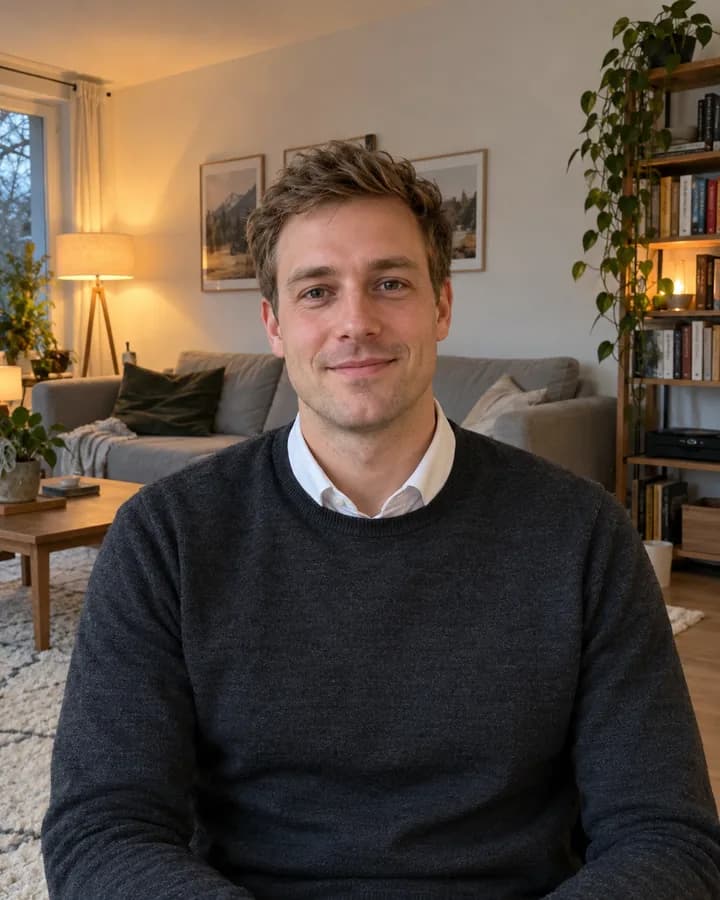 Vorher: Handyfoto, Mann im dunklen Pullover