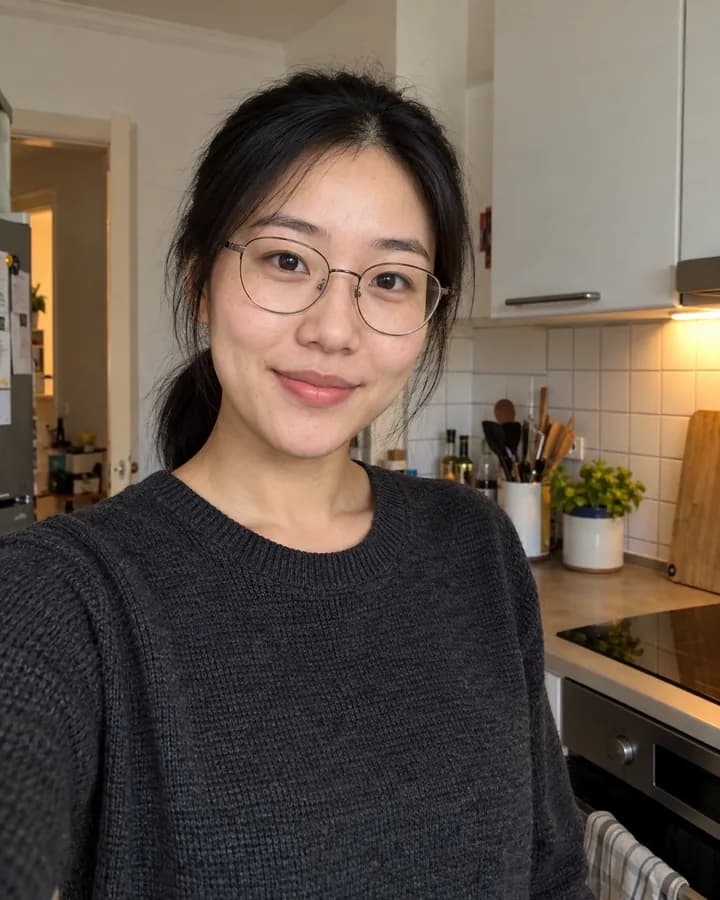 Vorher: Handyfoto, Frau mit Brille im Strickpullover
